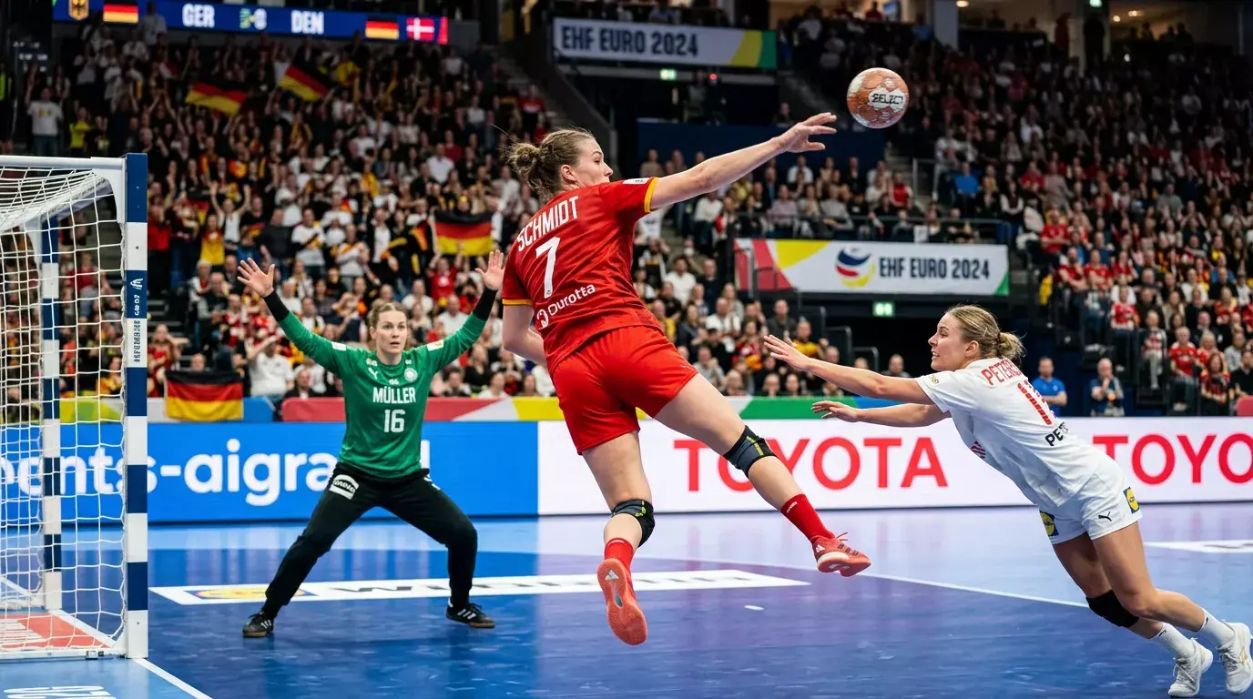 Handballspielerin beim Sprungwurf vor dem gegnerischen Tor während eines internationalen Frauen-Spitzenspiels in voller Halle