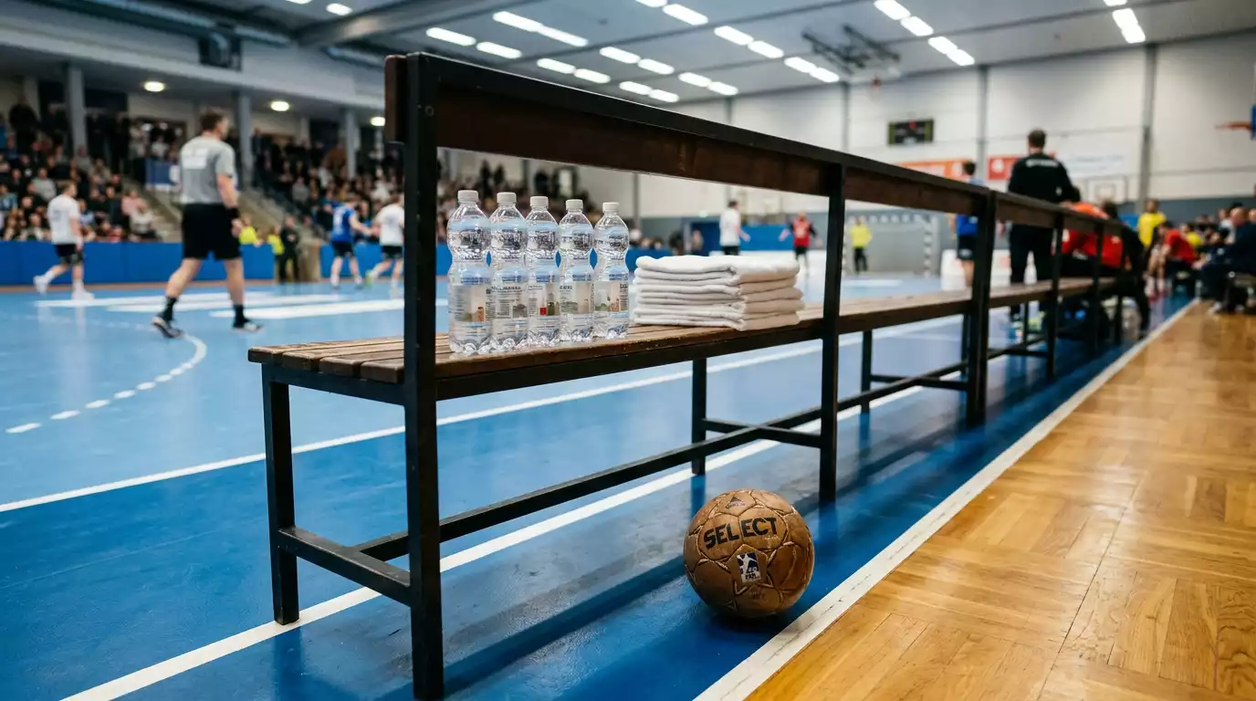 Leere Auswechselbank am Spielfeldrand einer Handballhalle mit Wasserflaschen und Handtüchern