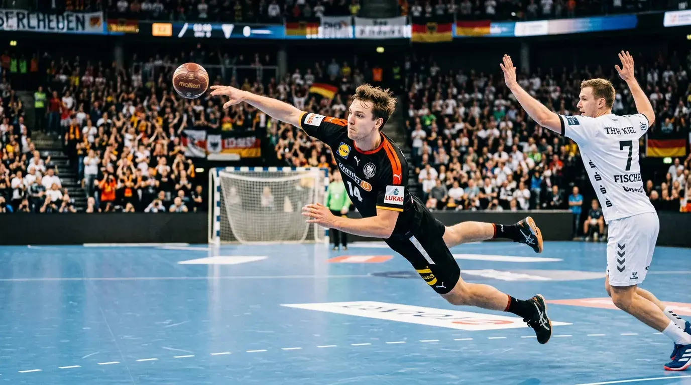 Handball-Außenspieler im Sprungwurf gegen einen Verteidiger während eines internationalen Vereinsspiels in voller Halle
